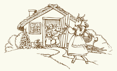 Obraz premium A goat and kids in a house. Vector illustration