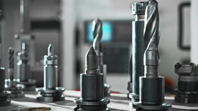 Metal Tools In Operation. Automated Manufacturing Workspace With Various Precision Instruments