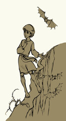 Naklejka premium Vector drawing. Young boy going through dangerous way