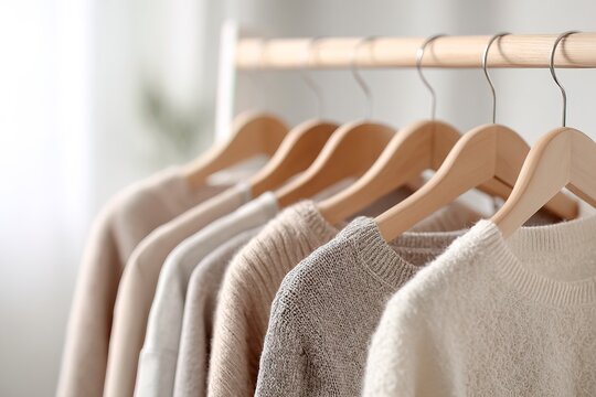 A clothing rack displays various neutral garments. The clothes hang neatly, creating a simple and organized look. Light enters the space, highlighting the textures of the fabric