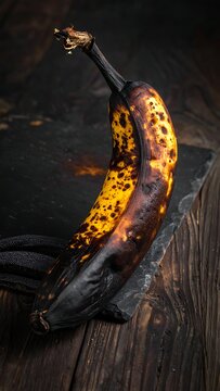 Charred banana on wooden surface closeup.