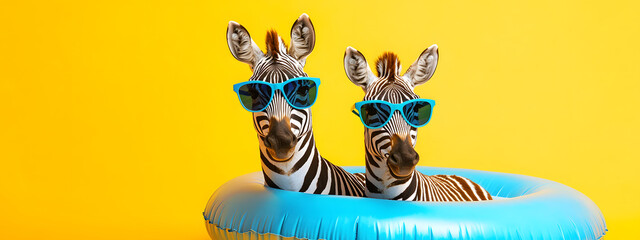 Naklejka premium Two zebras in sunglasses with an inflatable float on a yellow background - a fun animal concept, summer fun theme