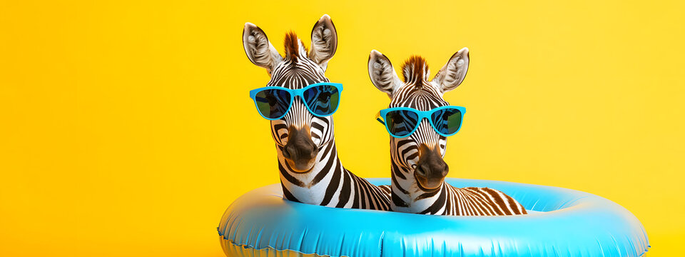 Two zebras in sunglasses with an inflatable float on a yellow background - a fun animal concept, summer fun theme
