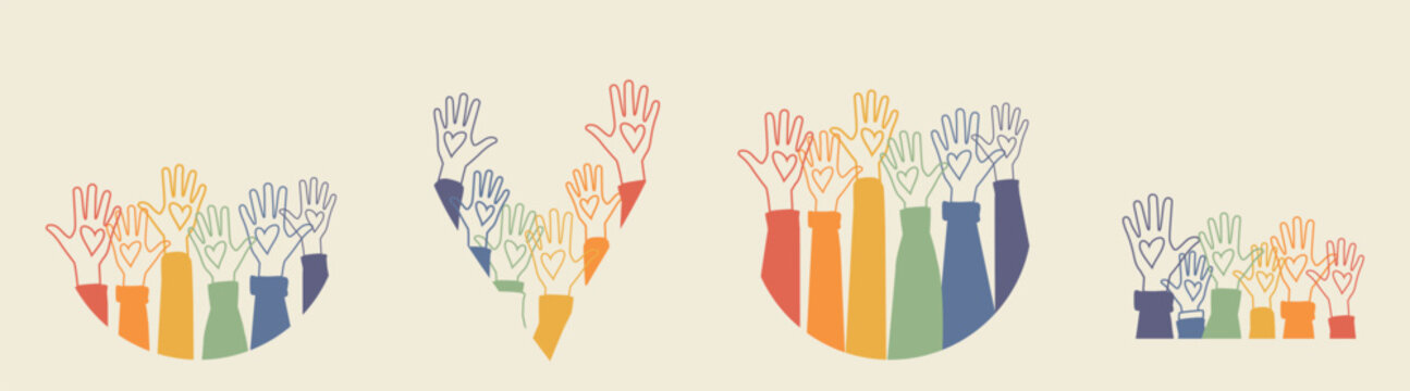 Raised hands. Volunteering, teamwork concert.