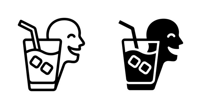 set of two black and white vector silhouettes representing people drinking beverages with straws in glasses containing
