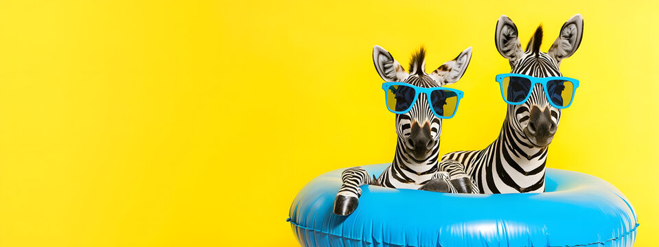 Two zebras in sunglasses with an inflatable float on a bright yellow studio background - a playful animal scene - a summer atmosphere