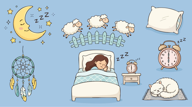 Cute cartoon sleep and bedtime vector set, girl sleeping in bed with counting sheep, moon and dreamcatcher icons for nursery decor