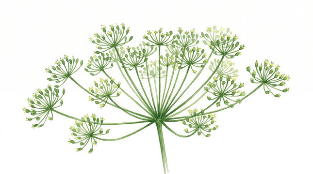 Watercolor illustration of a green dill flower umbel isolated on white background