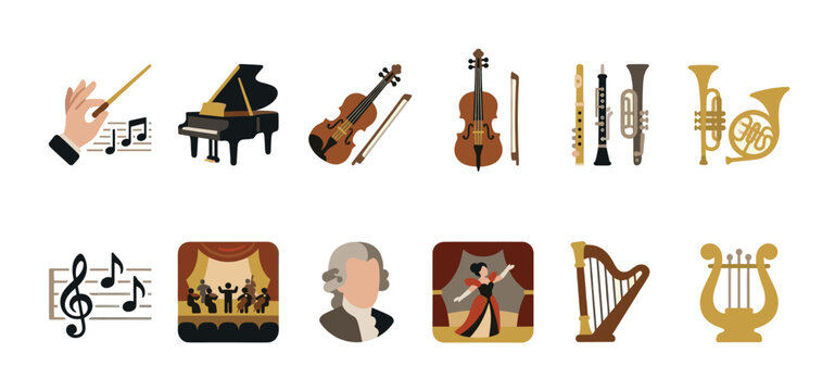 A flat design vector illustration collage featuring various classical music instruments, a conductor's hand with a baton, musical notes, a stage with performers, a composer portrait, and a dancer.