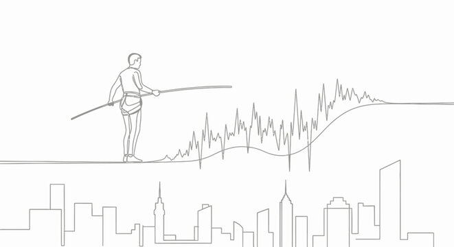 Tightrope walker balancing on financial graph above city skyline business risk concept
