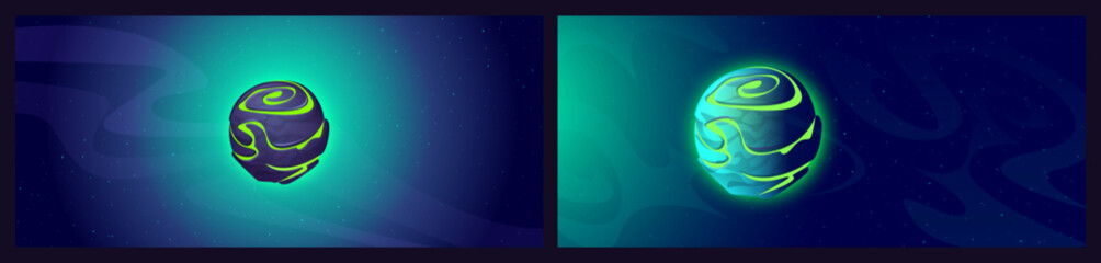 Alien planet in space, glowing galaxy comet globe © Cahya