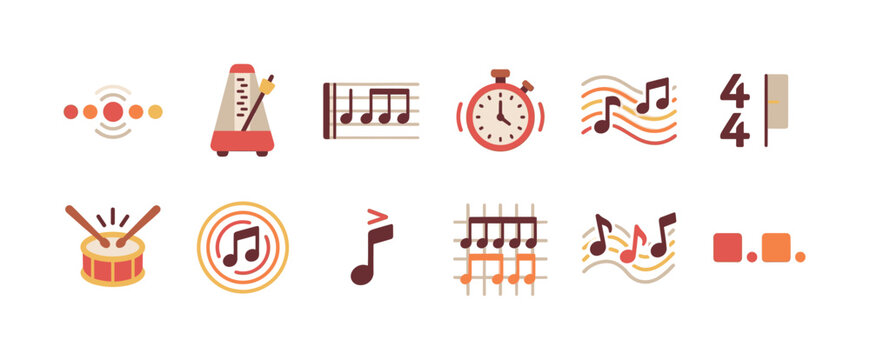 A collection of vector music icons and symbols representing tempo, rhythm, and musical notation, set against a clean white background for versatile use.