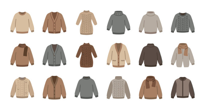A flat illustration showcases a variety of knit sweaters, cardigans, and a bomber jacket in warm earthy tones like brown, beige, and grey.