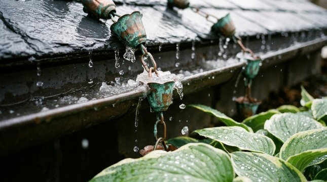 Copper rain chain with bell-shaped cups draining water from a slate roof into a gutter during a rainy day with green hosta leaves in the foreground.