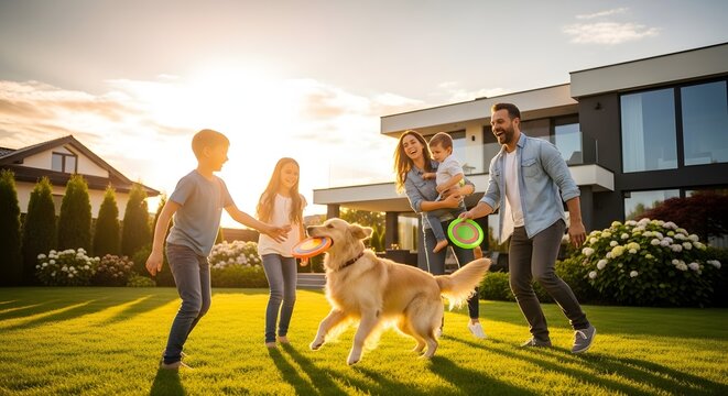 Happy family with dog playing in sunny backyard