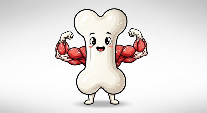 Cute cartoon bone flexing muscular arms, vibrant illustration for health & fitness, soft gradient background.