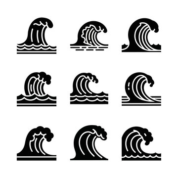 Set of Black Wave Icons: Ocean, Sea, Water, Surfing, Storm, Nature Graphics