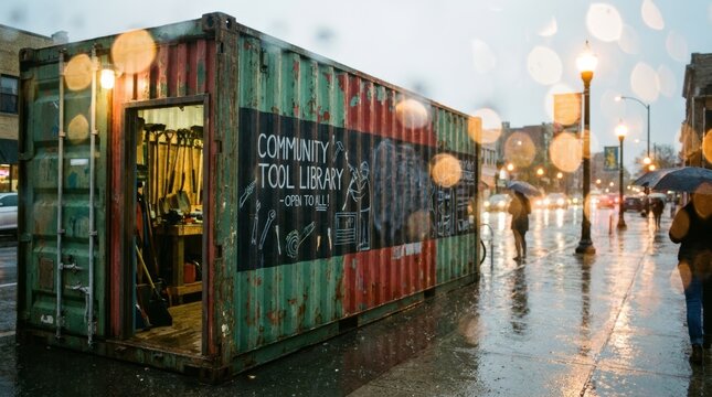 Community Tool Library inside a weathered shipping container on a rainy city street at night, featuring a lit workshop interior and pedestrians with umbrellas.