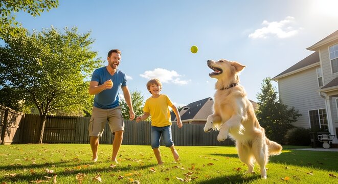 Joyful Family Bonding with Dog at Sunny Outdoor Park