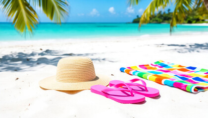Obraz premium Hat and flip flops on white sand beach with turquoise water