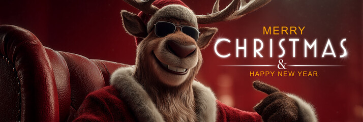 Fototapeta premium Smiling Anthropomorphic Reindeer Dressed in Santa Claus Costume Sitting on Red Armchair, Points to the Words Merry Christmas and Happy New Year on a Red Background with Copy Space. Generative Ai.