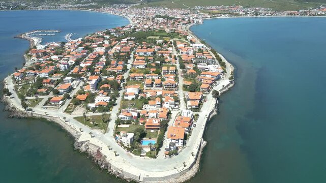 Aerial View of Candarli Peninsula and Coastal Town with Turquoise Aegean Sea, Izmir, Turkey. High quality 4k footage
