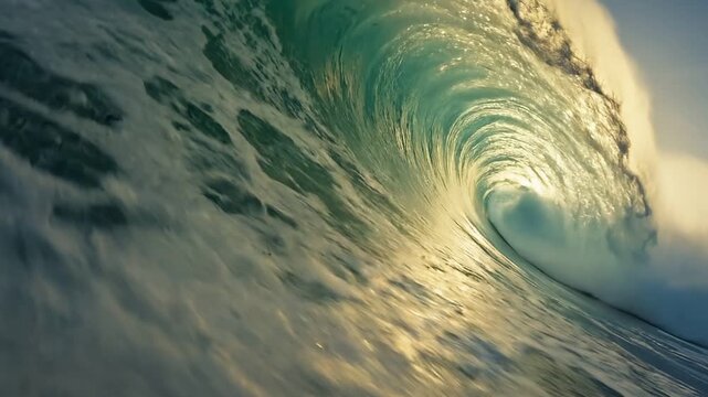 Powerful crashing ocean wave in golden sunset light at sea