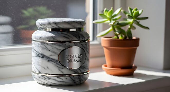 Luxury cosmetic cream jar with potted succulent plant on window sill