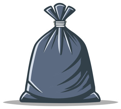 Full Black Trash Bag Tied Closed Standing Isolated on White Background Simple Illustration
