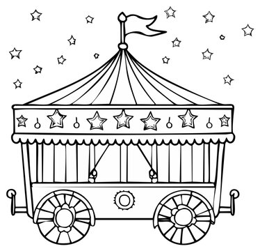Black and white circus wagon with stars overhead, hand drawn style.