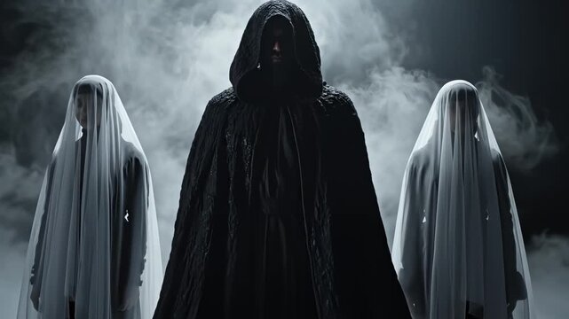 Three hooded figures in mist symbolizing exploration and the great outdoors