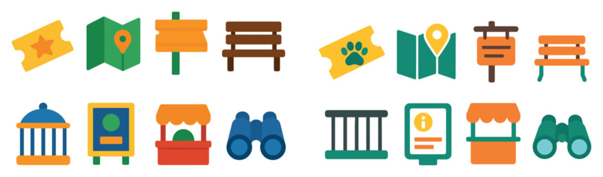 Park icons with map bench ticket colorful