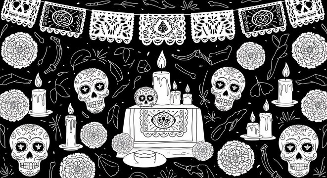Whimsical D&iacute;a de Muertos altar illustration: glowing candles, intricate papel picado, and festive sugar skulls on a rich, dark canvas.