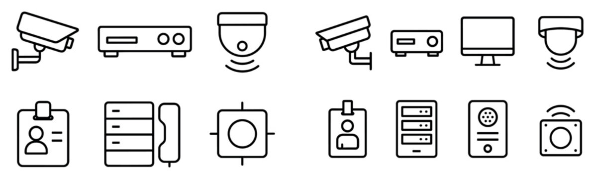 Security icons with camera monitor server badge outline