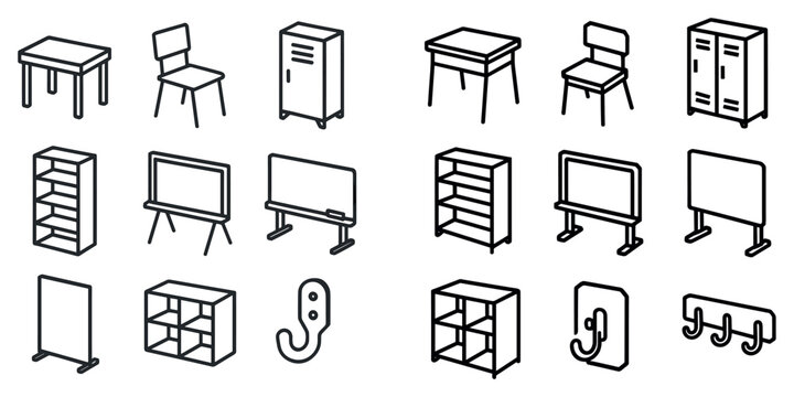 Office icons with table chair locker clean outline
