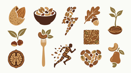 A collection of stylized illustrations representing various nuts, seeds, and their healthy benefits, including energy, growth, and fitness. © tr