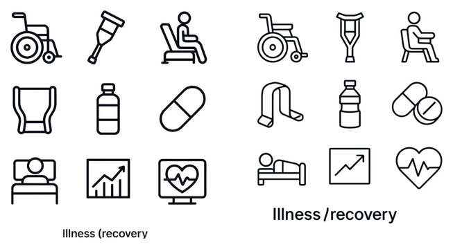 Health icons with wheelchair pill crutch outline