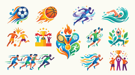 Fototapeta premium Vibrant collection of dynamic sports icons illustrating various athletic activities and achievements, including soccer, basketball, running, swimming, and track and field.