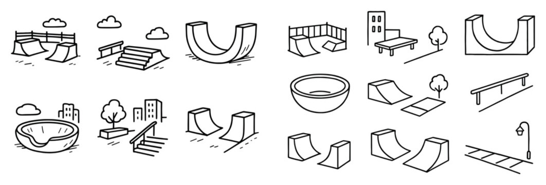 Skatepark icons with ramps bench skateboard outline