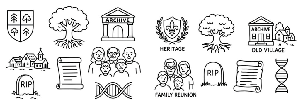 Heritage icons with tree archive scroll outline