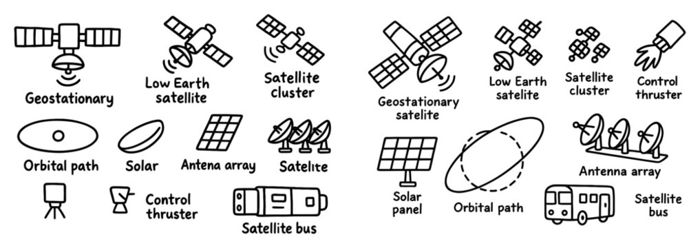 Space icons with satellite antenna orbital outline