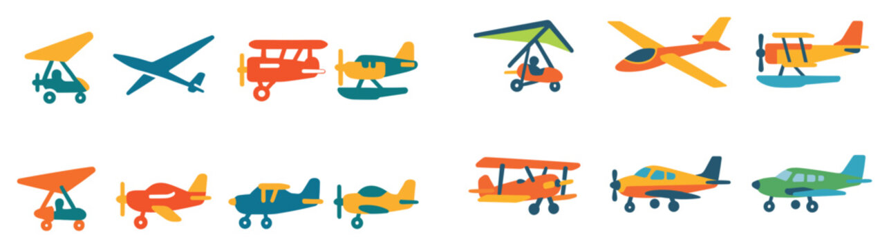 Aircraft icons with biplane seaplane glider flat