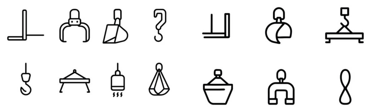 Industrial lifting icons with hook clamp sling outline