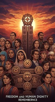 Commemorative illustration of diverse people standing before a symbolic monument honoring freedom and human dignity.