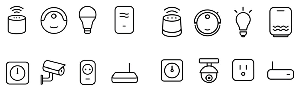 Smart home icons with speaker bulb camera outline