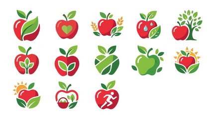 Fototapeta premium Collection of stylized apple icons representing health, nature, and fitness, with diverse designs and vibrant colors.