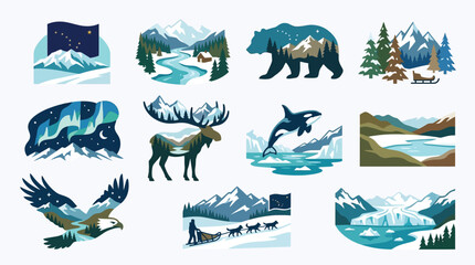 Collection of stylized illustrations depicting arctic and northern wildlife, landscapes, and natural phenomena. © tr