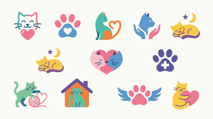 Collection of stylized cat icons and symbols, featuring hearts, paws, houses, and sleeping felines, representing pet care and love. © tr