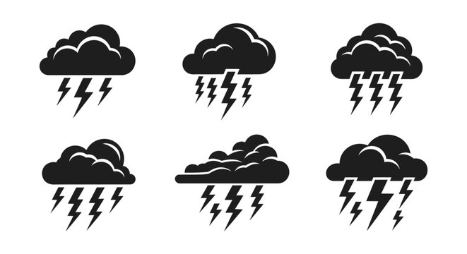 Set of Six Black Icons: Storm Clouds with Lightning Bolts, Weather Symbols