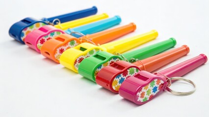 Obraz premium Assortment of Brightly Colored Party Whistles Lined Up